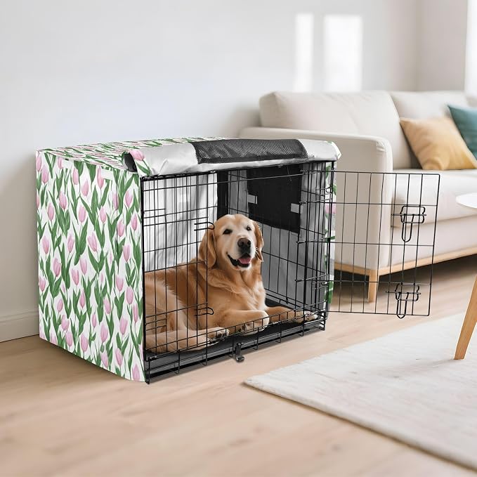 Dog Crate Cover Kennel Cover for Dog Cages Breathable for Wire Cage Indoor Outdoor Small Tulips Pink - Image 6