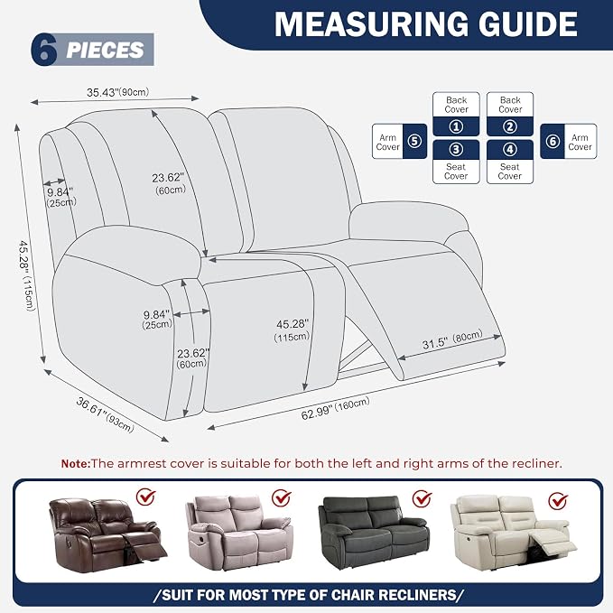 vctops Diamond Recliner Loveseat Slipcover 6-Pieces Stretch Dual Recliner Sofa Covers for 2 Seat Dual Reclining Loveseat Couch Soft Solid Furniture Protector (Navy,2 Seat) - Image 2