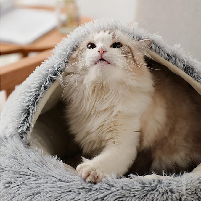 YUDANSI Cat Bed Hooded for Indoor Cats, Dog Bed with Large Covered Hood for Small Dogs Cats Puppy Kitty, Anti Anxiety Donut Cuddler, Anti Slip Plush Faux Fur Enclosed Pet Nest (Washable)(Gray-20inch) - Image 2