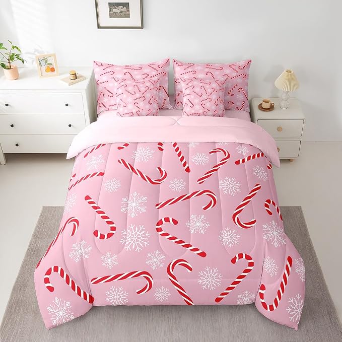 Erosebridal Xmas Candy Cane Twin Bedding Set 7 Piece,Merry Christmas Bed in A Bag for Kids Boys Girls,White Snowflake Comforter Set Pink Christmas Ornaments Sheet Set with Comforter - Image 3