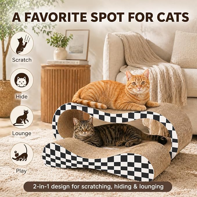 2 in 1 Large Cardboard Cat Scratcher Lounger, Cat Scratching Board for Indoor Cats, 100% Recyclable & Reversible Horizontal Scratching Pads Prevents Furniture Damage, Checkerboard - Image 5