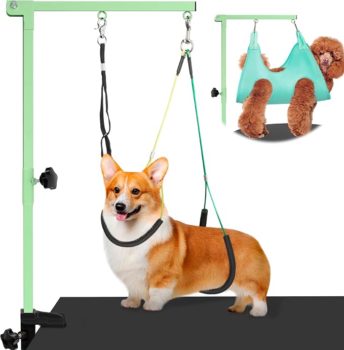 getlstub Dog Grooming Arm with Pet Grooming Hammock, 35" Pet Grooming Table Arm with Adjustable No Sit Haunch Holders, Dog Grooming Stand with Loop Noose for Small and Medium Pets, Green by SimpleSolutionsforCozyHome