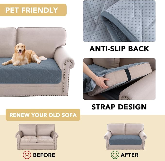 H.VERSAILTEX Couch Cover Chenille Pet Fuzzy Sofa Covers for 2 Cushion Couch Anti Slip Washable Sofa Slipcovers with Strap Soft Couch Protector Cover for Dogs Cats Kids(34.5" x 63", Stone Blue) - Image 4