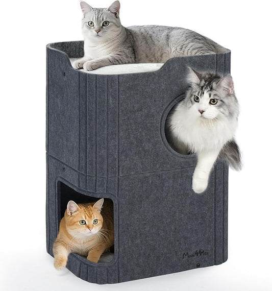 Made4Pets Cat House for Indoor Use, 2-Storey Cube Bed Cave, Covered Hideaway Condo with Scratch-Resistant Felt, Foldable Easy-to-Clean Design for Multi-Cat Homes, Dark Grey by Made4Pets
