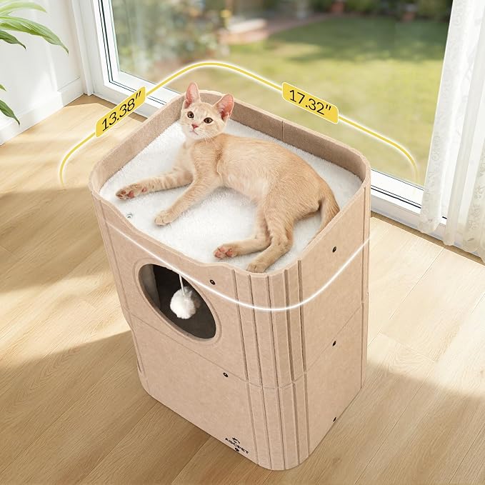 ABCPET Cat House for Indoor Cats, Cat Condo Cat Bed Cave, Felt Cats Hideaway Condo with Resistant Scratching Freedom Kitten Cube & Hanging Ball, Beige - Image 2