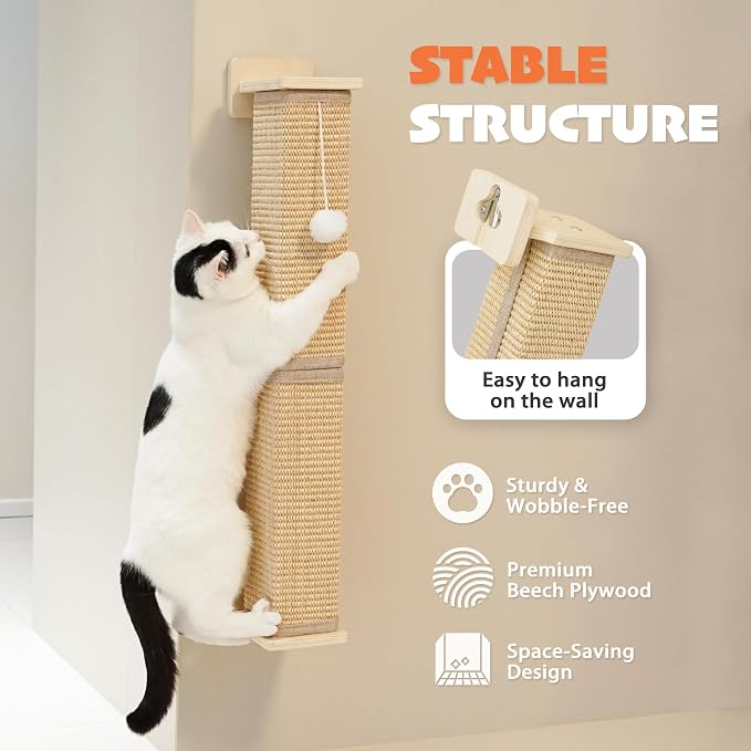 PETKARAY Wall Mounted Cat Scratcher, 30" Large Sisal Cat Scratcher for Wall, Square Sisal Cat Scratching Post with Toy Ball - Image 3