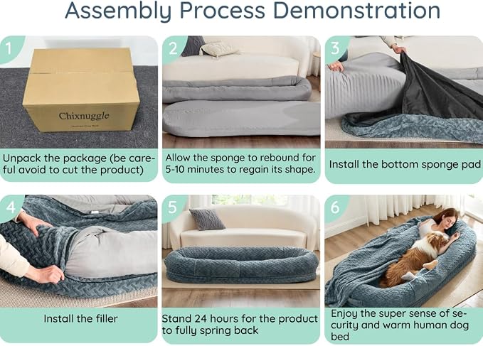 ChiXnuggle Orthopedic Human Dog Bed,with Faux Fur Washable Cover,Blanket | bluish grey,72*40*10,giant dog bed for adult or extra large dogs,egg crate foam,non-slip bottom - Image 7