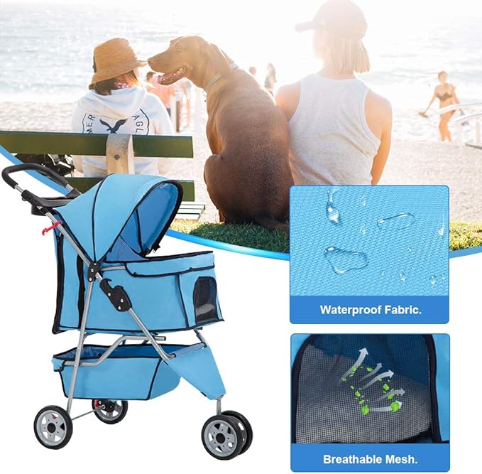 BestPet | 3-Wheel Pet Stroller | Dog and Cat Stroller | Breathable Mesh | Lightweight Travel Carrier | Waterproof & Foldable Design | Storage Basket | Black | for Daily Walks & Outdoor Use