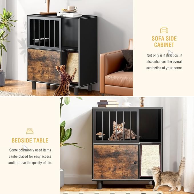 Dog Proof Cat Feeding Station, Cat Feeding Station with Scratching Board, Raised Bowls for Indoor Cats, Elevated Food Bowls with Stand, Vintage Black Furniture - Image 6