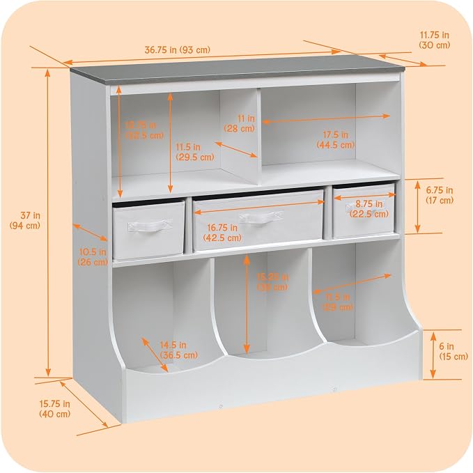 Badger Basket Combo Toy Storage Organizer and Bookshelf - Kids Storage Unit with 3 Removable Baskets, Open Shelves, Top Display Surface - White/Gray - Image 4
