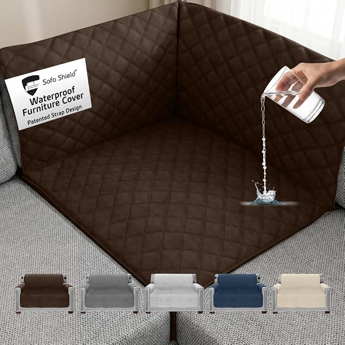 Sofa Shield 100% Waterproof Couch Cover with Patented Straps, Slip and Stain Resistant, Machine Washable Sofa Slipcover for Dogs Cats Pets Kids, 30x30 inch Seat, Sectional Corner, Brown by SofaShield