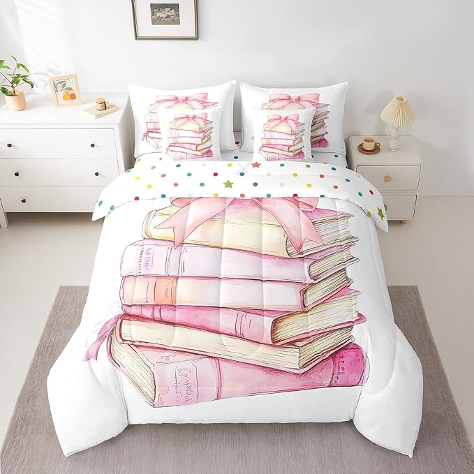 Erosebridal 7 Piece Pink Bow Book Kids Comforter Set King Bed in a Bag,Dreamy Princess Style Kids Girls Bedding Set for Teens,Romantic Valentine Bowknot Sheet Set,Watercolor Bow Tie Duvet Insert - Image 2