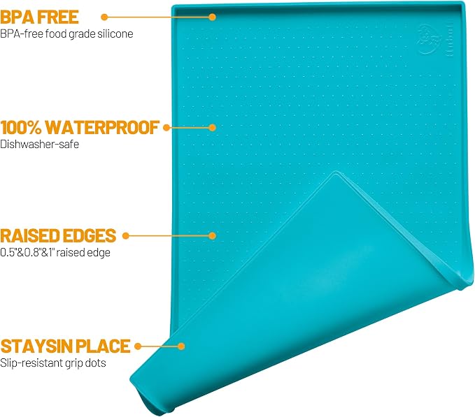Hubulk Dog Feeding Mat,100% Waterproof Food Grade Silicone Pet Food and Water Bowl Placemat,Dishwasher, High Raised Edge to Prevent Spills,Nonslip Tray to Stop Messes on Floor (32"x24"x1.0", Teal) - Image 2