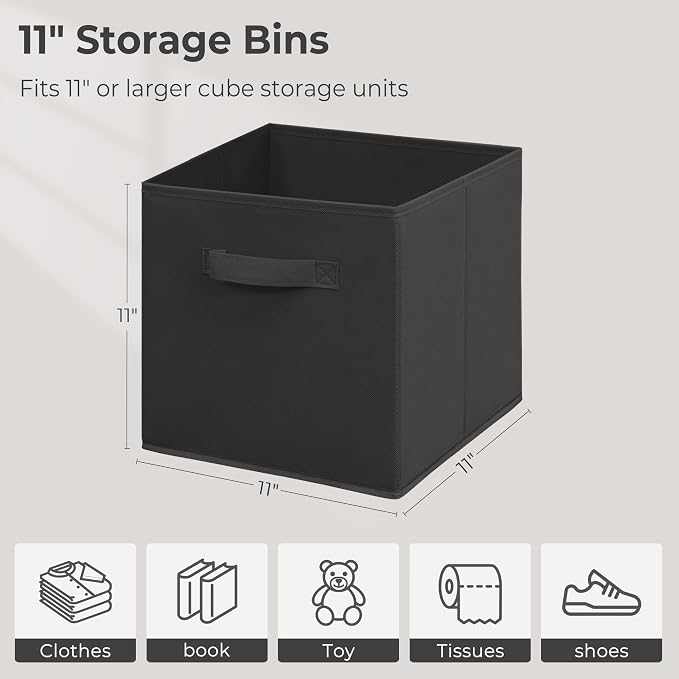 11 Inch Fabric Storage Cubes, Sturdy Foldable Storage Bins, Heavy Duty Cube Organizer for Clothes, Blankets, Shelves, Closets, Bedroom, Living Room, Black, 5 Pack - Image 2