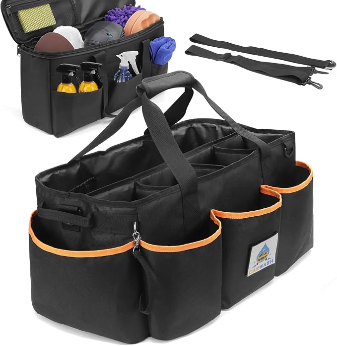 WDG Detailing Bag Cleaning Caddy Organizer with Handle & Polisher Tote Bag Wearable Cleaning Caddy Car Care Storage/Carry Tote for Car Care Supplies Organizer -Small by WDG