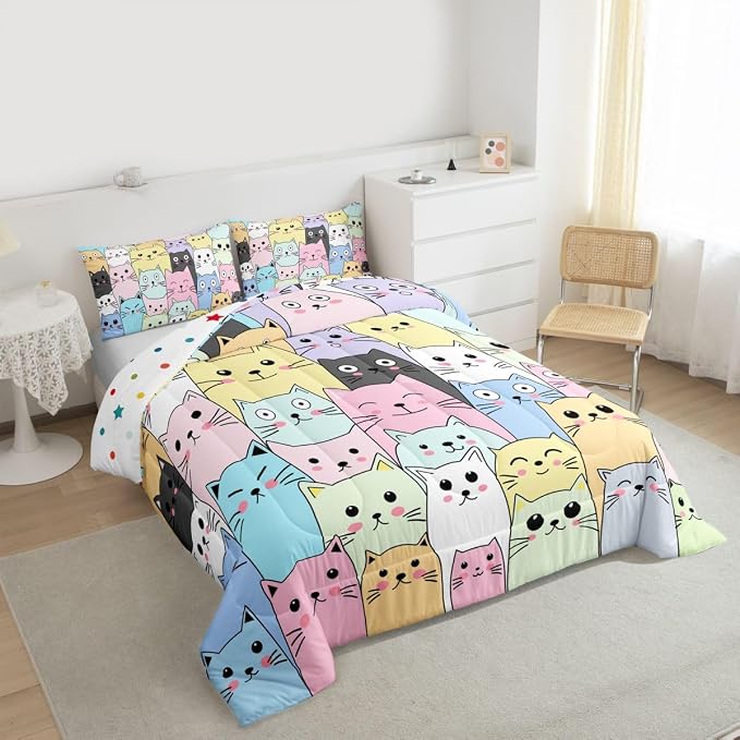 Feelyou Cat Comforter Set Toddler Size for Girls Kids Cute Colorful Cat Bedding Cartoon Theme Children Room Decor Kawaii Kitten Ultra Soft Microfiber Bed Sets 3 Piece - Image 5