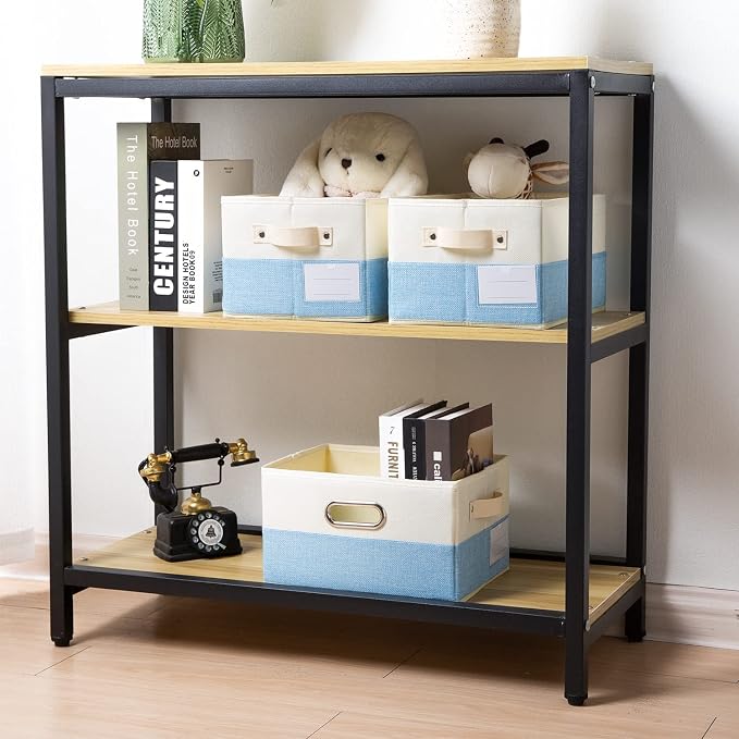 PRANDOM Fodable Storage Bins for Closet [3-pack] Decorative Fabric Storage Baskets Cubes with Leather/Metal Handles for Shelves Bedroom Living Room Blue&Cream (11.5x8.5x6.7 Inch) - Image 2