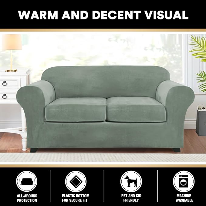 PrinceDeco Velvet Couch Cover Loveseat Covers for 2 Cushion Couch 3 Piece Sofa Covers for Dogs Washable Loveseat Covers Width Up to 72 Inch No Slip Stretch Sofa Slipcover(Medium, Seagrass) - Image 6