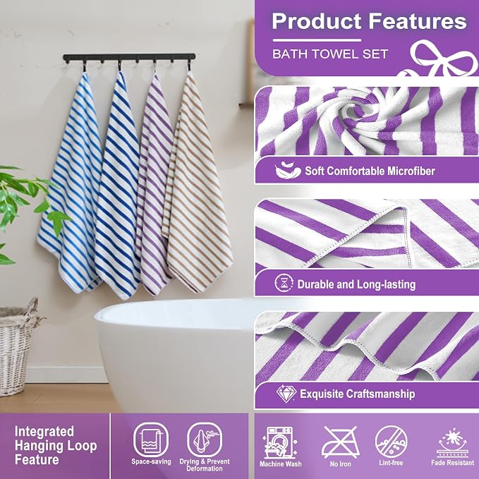 JML Microfiber Beach Towels, 6 Pack, 27" x 55", Cabana Stripe Purple | Soft,Absorbent, Quick Drying Lint-Free, No Fading for Summer Party, Pool, Sport, Yoga, Swimming - Image 3