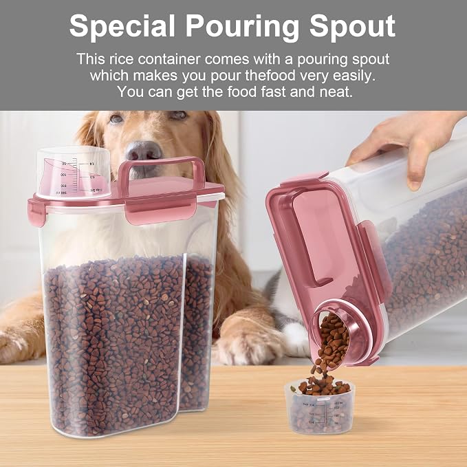 LEAWALK 5-7Lbs/6Qt Dog Cat Storage Container Portable with Upgraded Large Spout and Cup, Plastic Pet Food Dispenser for Small Animal Kibble, Bird Seed, Oatmeal, Rice, Flour, Brown Sugart- Clear pink - Image 3