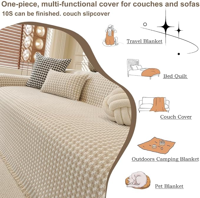 ROOMLIFE Thicked Checkered Boho Khaki Couch Cover for 2-3 Cushion Sofa, Chenille Sofa Slipcovers Sectional Sofas Covers for Dog, Non Slip Washable Furniture Protector Soft with Tassel 71''X118'' - Image 5