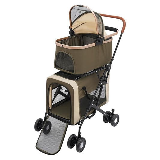Double Dog Stroller with 4 Wheels, Foldable 3-in-1 Cat Pet Stroller with 2 Detachable Carriers,Reversible Handle, Steel Frame, Safety Belt for Small Medium Dogs Cats(Dark Green)