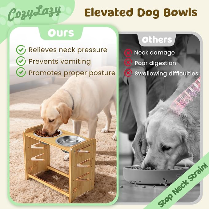 Elevated Dog Bowls, Adjustable Raised Dog Bowl Stand for Large and Medium Pet, 15" High Bamboo Pet Food Feeder with 2 Stainless Steel Dishes（6 Heights） - Image 3