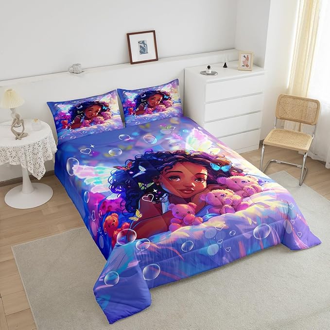 Cute American Style Girl Comforter,Fantasy Starry Fairy Wings Bubbles Ultra Soft Bed Collection,Dreamy Princess Black Lovely Kid Bedding Set for Girls Bedroom Decor,3 Pcs King Size - Image 3