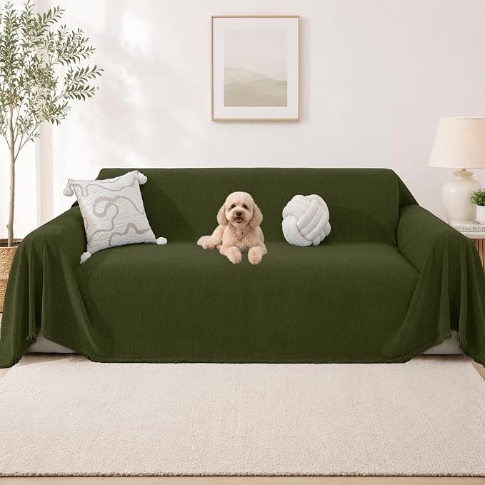 Chenille Couch Cover for Dogs, Boho Sofa Cover Washable Couch Cover, 3 Cushion Sofa Cover, Pet Throw Blankets for Couches with Tassel Furniture Protector Covers,71"×118",Grass Green by YSTELLAA