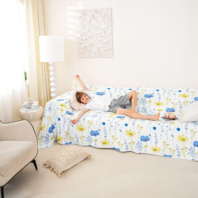Erosebridal Watercolor Floral Sofa Cover Blue Yellow Flower Couch Cover Modern Minimalist White Sofa Slipcover for Pets, Kids, Dog Rustic Farmhouse Washable Non Slip Couch Protector 71" X 91" - Image 3