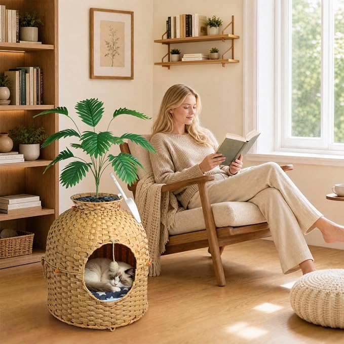 Cat Hidden Litter Box Enclosure Furniture, Handwoven Rattan Cat House with Decorative Faux Plant, Cat Litter Box with Scoop & Sisal Ball, Real Stones for Living Room, Bedroom, Corner Natural - Image 7