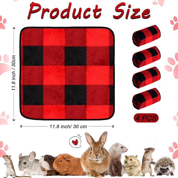 Reginary 4 Pcs Waterproof Guinea Pig Blankets Washable Small Animal Fleece Bedding Absorbent Guinea Pig Cage Liners Reusable Training Pee Pad Pet Sleep Mat for Hamster(Plaid,12 x 12 Inch) - Image 2