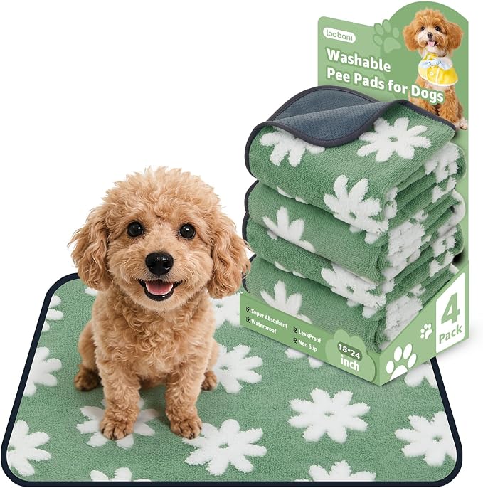 LOOBANI Washable Puppy Pads, Reusable Dog Pee Mat 18"x24", 4 Pack | Super Absorbent, Waterproof, Leakproof, Non-Slip, Soft For Playpen, Crate, Potty Training, Floors by LOOBANI