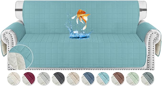 MAXIJIN Waterproof Oversized Couch Covers for 3 Cushion Couch, 79" Quilted Sofa Covers Washable Pet Dog Couch Cover Protector with Elastic Strap & Side Pocket (Clear Blue, Large Sofa) by MAXIJIN