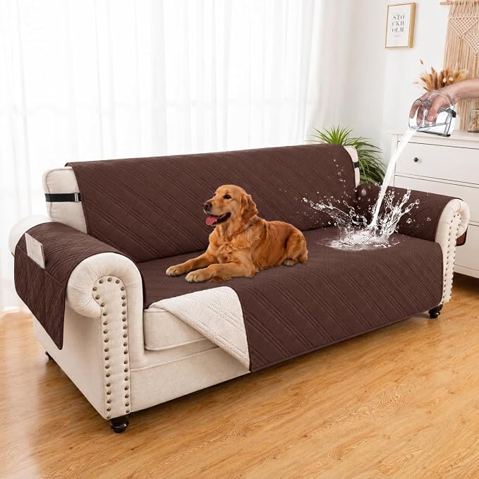100% Waterproof Couch Cover for Dogs, Washable Anti-Slip Sofa Cover with Elastic Straps & Side Pockets, Quilted Furniture Protector for Kids & Pets (Oversize Sofa 78", Coffee) by Unknown