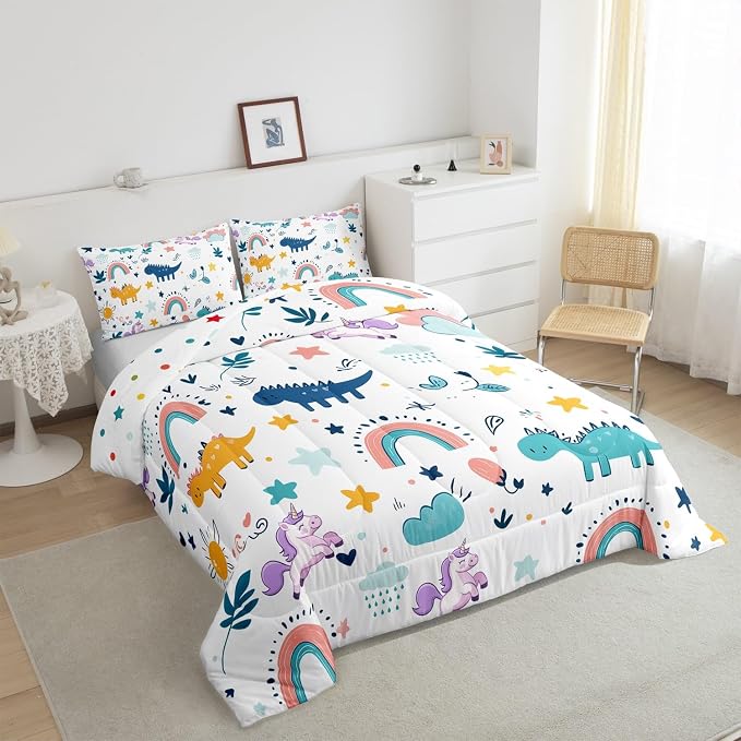 Manfei Cute Dinosaur Unicorn Comforter Set Twin Size,Cartoon Animal Star Rainbow Bedding Set Kids Girls Adult Room Decor,Kawaii Flower Leaf Down Comforter Soft Duvet Insert,1 Pillowcase - Image 4