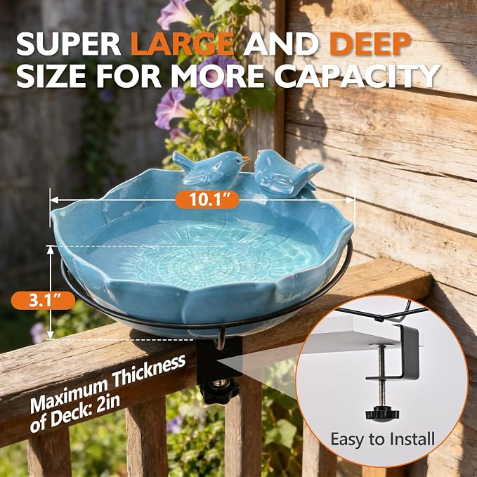 Glazed Ceramic Bird Bath for Deck Railing, 11 Inch Outdoor Deck Mounted Bird Baths Feeder Bowl with Adjustable Clamp, Easy Install Balcony Patio Birdbath for Outside Backyard Decoration, Blue - Image 5