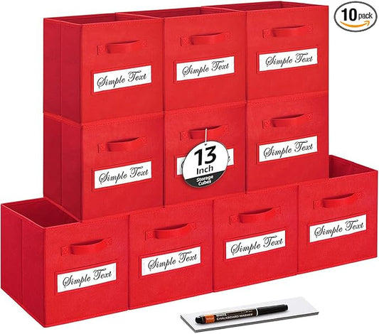 13x13x13 storage cube bins(Set of 10) Fabric storage cubes with 10 Labels Window Cards & a Pen, storage cubes 13x13, Collapsible 13 inch cube storage bins, Cubby Organizer Boxes, Red by Artsdi