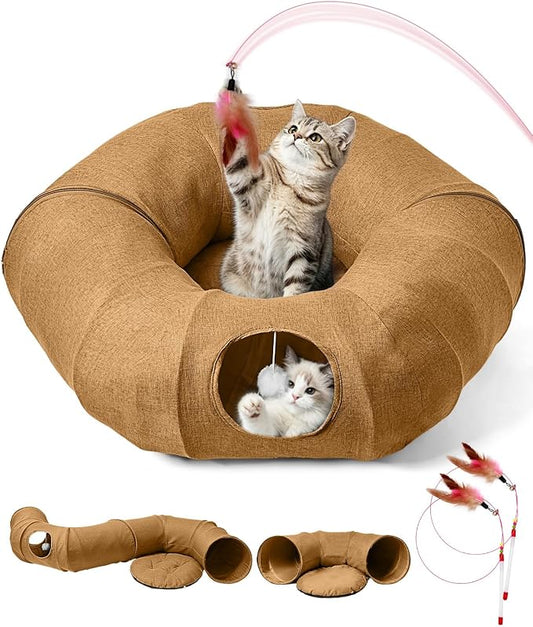 Linen Cat Tunnels with Central Cat Bed, Interactive Cat Toys Detachable Washable Soft Mat Large Indoor Play Tunnel Cave for Kittens and Small Animals by Odoland