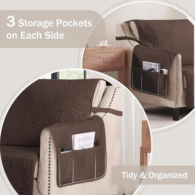 Soft Couch Cover with Pockets for Extra-Large Sofa, Medallion Quilted Design Couch Covers for 3 Cushion Sofa, Oversized Sofa Covers Washable Water-Repellent (X-Large Sofa 78", Chocolate) - Image 4