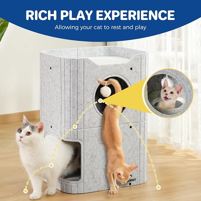 ABCPET Cat House for Indoor Cats, Cat Condo Cat Bed Cave, Felt Cats Hideaway Condo with Resistant Scratching Freedom Kitten Cube & Hanging Ball, Light Gray - Image 6