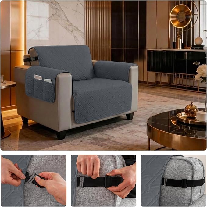 100% Waterproof Couch Cover,Straps&Pockets,pet Friendly,23" Gray | Washable sofa cover, pet-friendly, scratch-resistant furniture protector, quilted sofa cover, reversible, non-slip backing. - Image 6