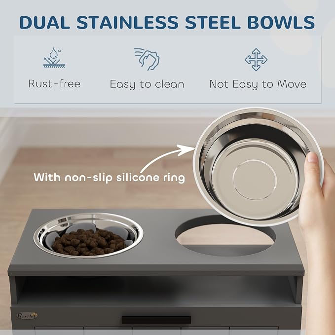 PawHut Elevated Dog Bowls Raised Dog Feeder with Storage Gray | 2 Stainless Steel Bowls, Slow Feeder Mat, Feeding Station, Large Extra Large Breeds - Image 6