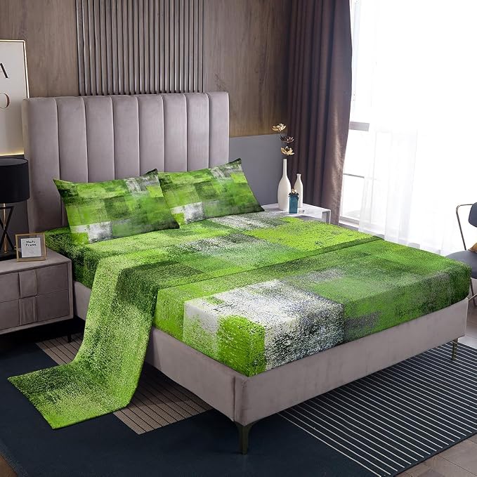 Erosebridal Summer Watercolor Bed Sheets Set for Kids Boys Girls,Green Grey Sheet Set Queen,Mid Century Sheets,Abstract Oil Painting Ombre Art Flat Fitted Sheet with 2 Pillowcases Deep Pockets by Erosebridal