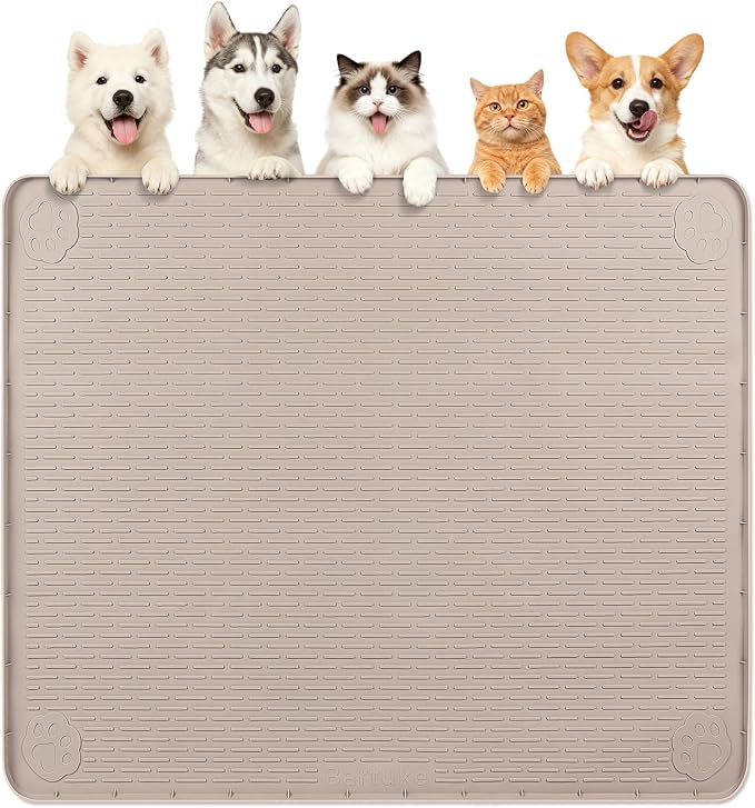 Dog Food Mat 40''x40'' Extra Large Dog Mat for Food and Water,Khaki | Silicone Dog Bowl Mat with Raised Edge, Waterproof Non-Slip Pet Feeding Mat for Floors, fit for Dog Cat Bowls by Bartuke