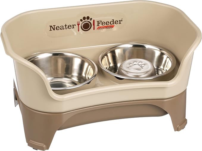 Neater Feeder - Express Model w/Slow Feed Bowl - Mess-Proof Dog Bowls (M/L, Cappuccino) Made in USA –Elevated, No Spill, Non-Tip, Non-Slip, Raised Stainless Steel Food/Water Pet Bowls Aid Digestion by NeaterPets