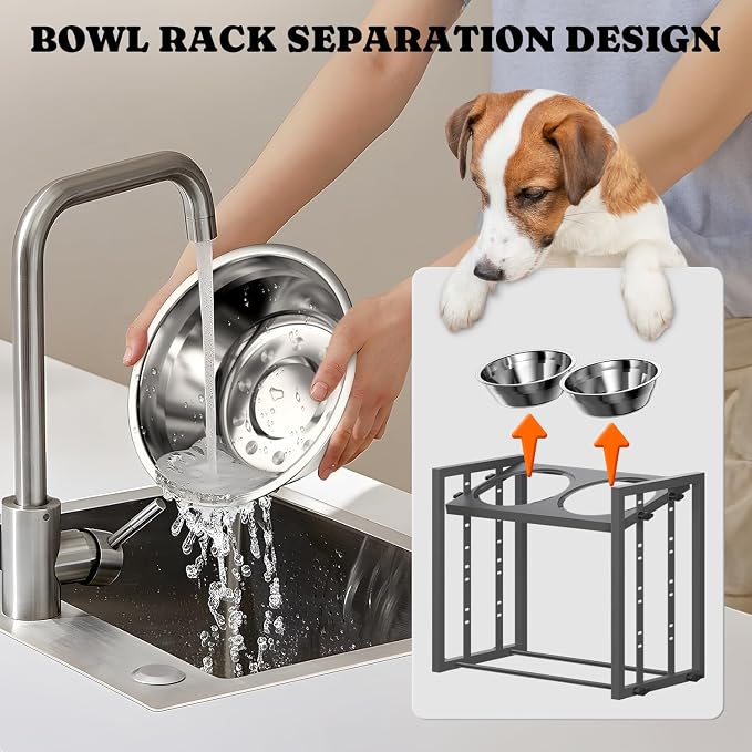 Elevated Dog Bowl for Medium Breed, 4 Height Adjustable Raised Feeder, Grey | Adjustable Height at 15°Tilted Angle, Lightweight, Nonslip, All-Iron Structure, Stainless Steel bowls, Easy Assembly Cleaning - Image 7