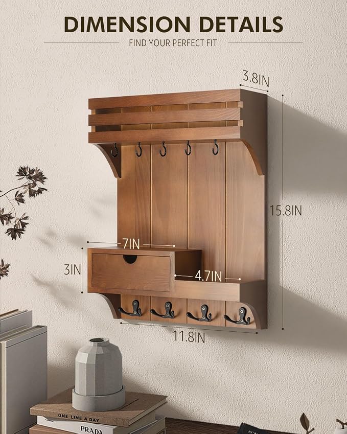 Rebee Vision Key Holder Wall Mount with Drawer Organizer for Entryway,Brown | Key Holder for Wall , 9 Sturdy Key Hooks, Floating Shelf, Plant Display, Drawer Organizer, Mail Sorter, Home Decor Storage - Image 6