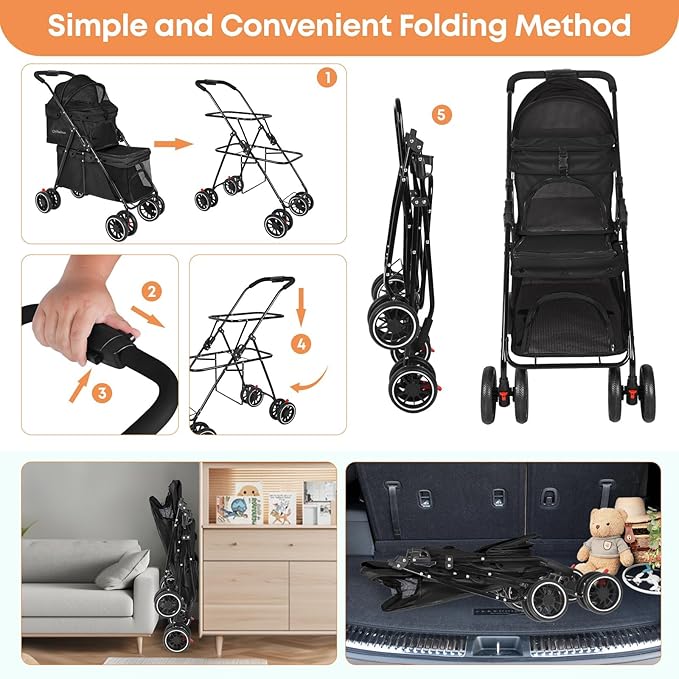 Double Pet Stroller for Dogs and Cats,Cat Strollers for 2 Cats,Double Dog Stroller for 2 Small Medium Dogs,4 Lockable Wheels/Lightweight/Folding, Black