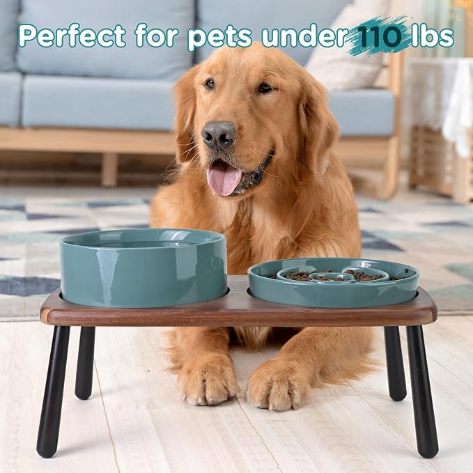 SPUNKYJUNKY Ceramic Elevated Dog Bowls with Slow Feeder Raised Acacia Bamboo Wooden Stand, 8.3'' Dog Food Water Bowls Set Non-Slip for Medium Large Sized Breed Microwave Dishwasher Safe - Dark Green - Image 7